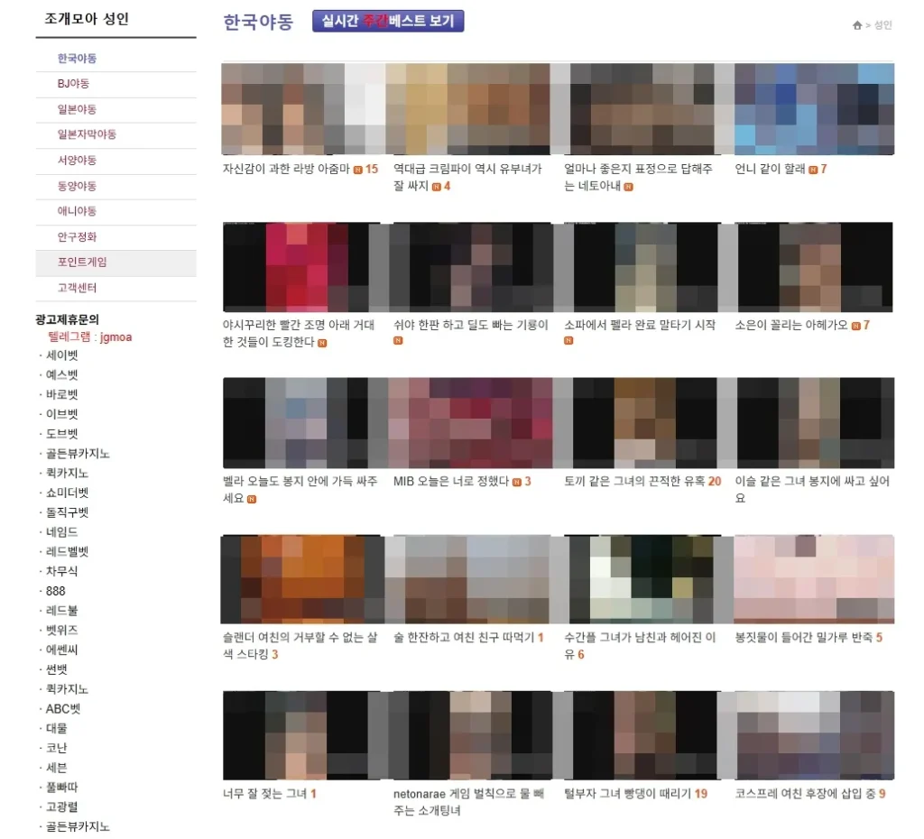 조개모아의 최신영상 섹션 스크린샷, 다양한 장르 썸네일과 업데이트 날짜가 표시된 이미지. 신선함과 다양성 강조.