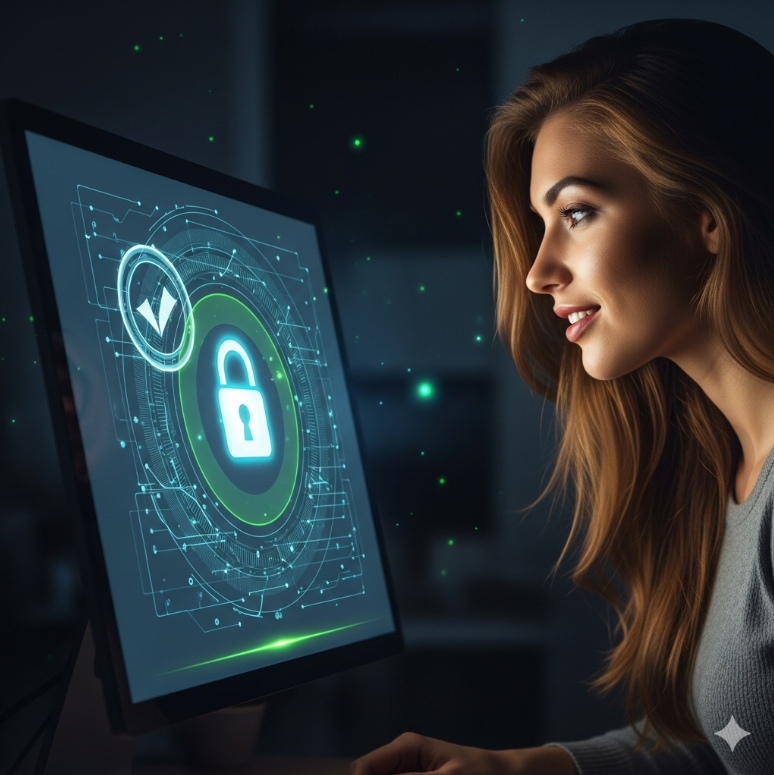 보안 인증 마크와 자물쇠 아이콘 포함된 그래픽. 신뢰와 안전성 강조.