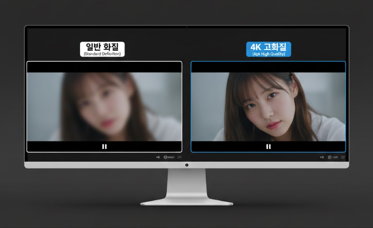 일반 화질 vs 4K 화질 나란히 배치된 비교 이미지 일반 화질 vs 4K 화질 나란히 배치된 비교 이미지