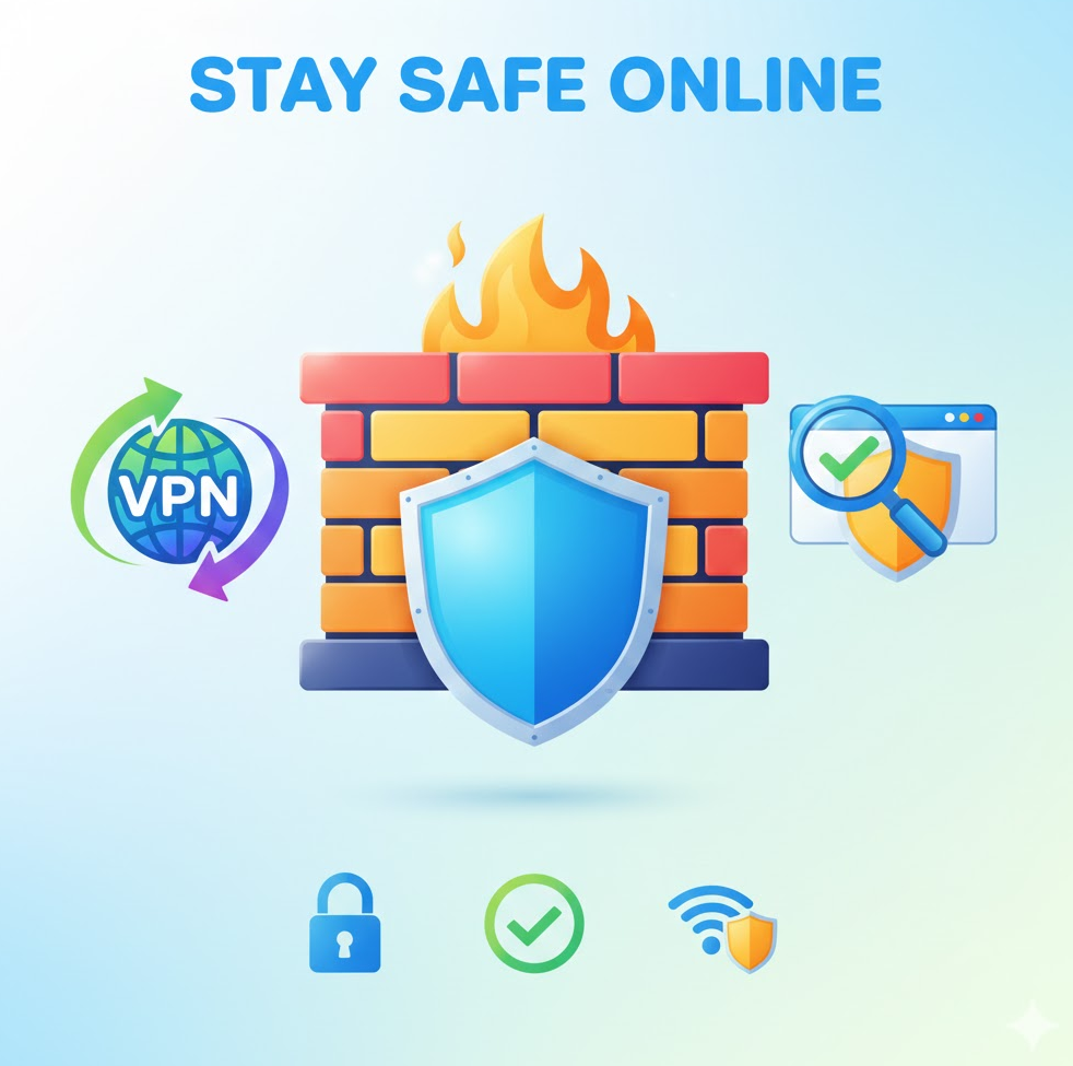 인터넷 안전 이용을 상징하는 이미지. 방화벽 아이콘, VPN 로고, 안전 브라우징 아이콘