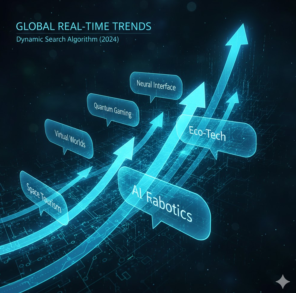 실시간 검색어 차트를 보여주는 그래픽. 상승 화살표와 키워드 버블이 포함된 이미지
