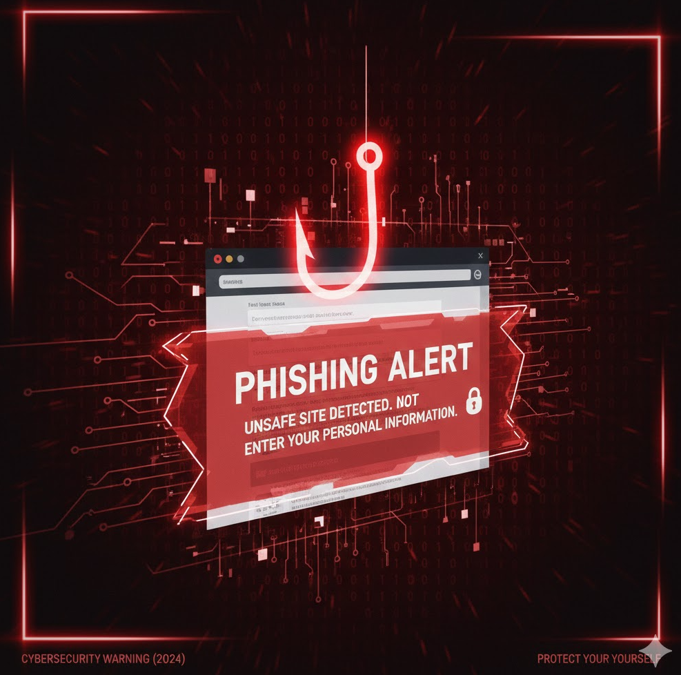 피싱 사이트 경고 이미지를 보여주는 그래픽. 낚시 바늘 아이콘과 웹페이지 스크린샷