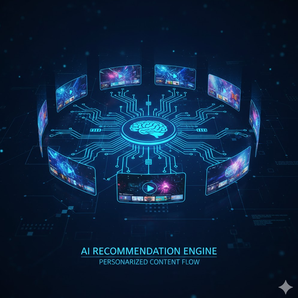  AI 추천 시스템을 보여주는 그래픽. 알고리즘 화살표와 영상 썸네일