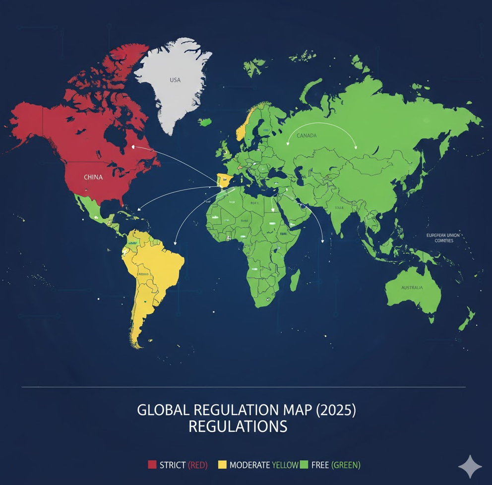글로벌 규제 지도. 각 국가에 규제 수준 표시된 이미지