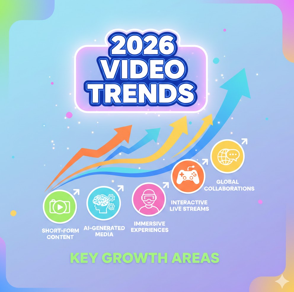 영상 트렌드 차트를 보여주는 그래픽. 다양한 카테고리 아이콘과 상승 화살표