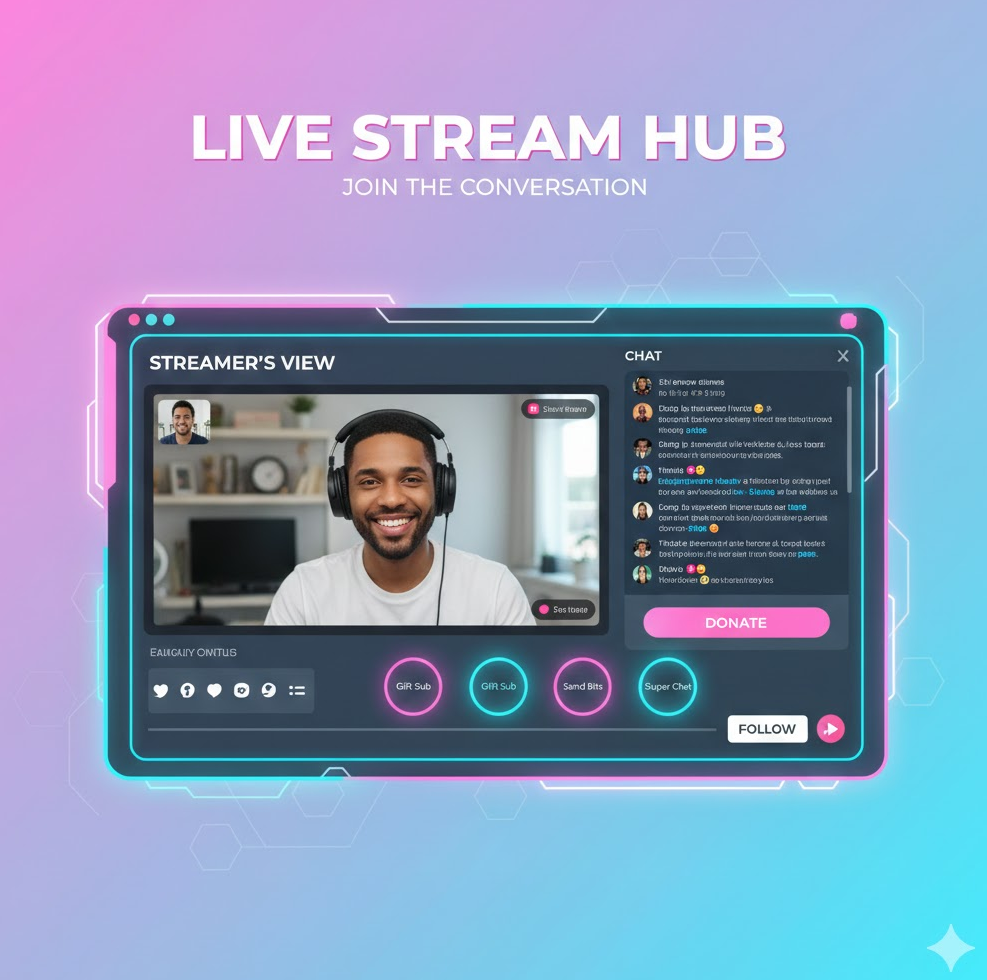 라이브 스트리밍 플랫폼 인터페이스를 보여주는 그래픽. 채팅 창, 스트리머 화면, 후원 버튼이 포함된 이미지