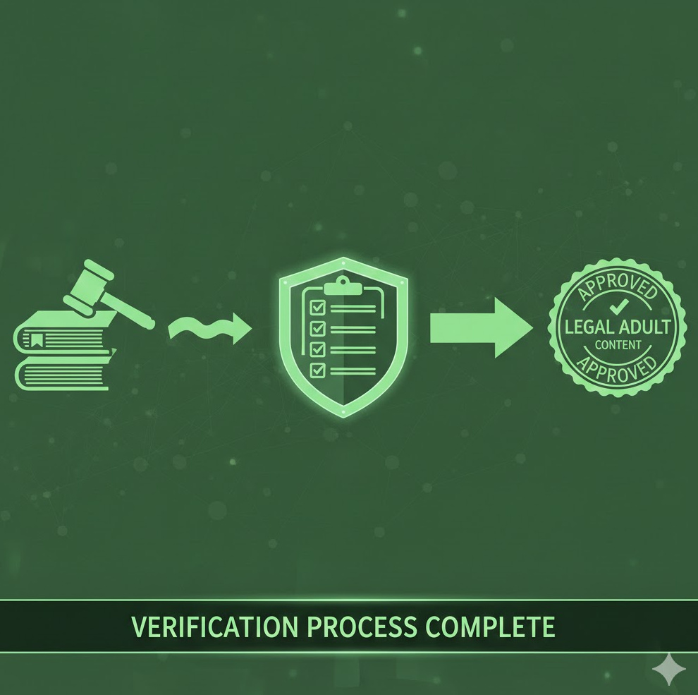 합법 성인콘텐츠 확인 과정을 보여주는 그래픽. 체크리스트 아이콘과 법률 책 아이콘, 녹색 승인 스탬프 포함. 합법 성인콘텐츠 확인 과정을 보여주는 그래픽. 체크리스트 아이콘과 법률 책 아이콘, 녹색 승인 스탬프 포함.