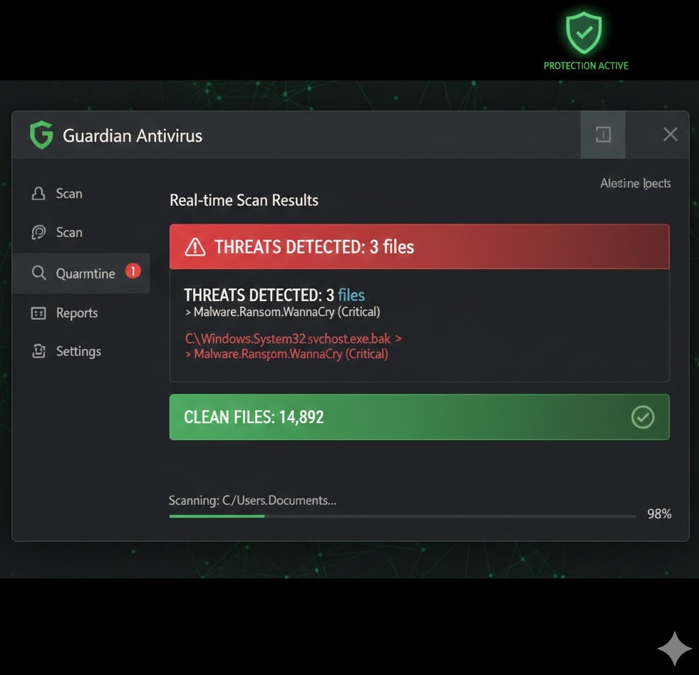 악성코드 차단 도구 스크린샷 스타일. 백신 인터페이스와 스캔 결과, 빨간 경고와 녹색 안전 표시. 악성코드 차단 도구 스크린샷 스타일. 백신 인터페이스와 스캔 결과, 빨간 경고와 녹색 안전 표시.