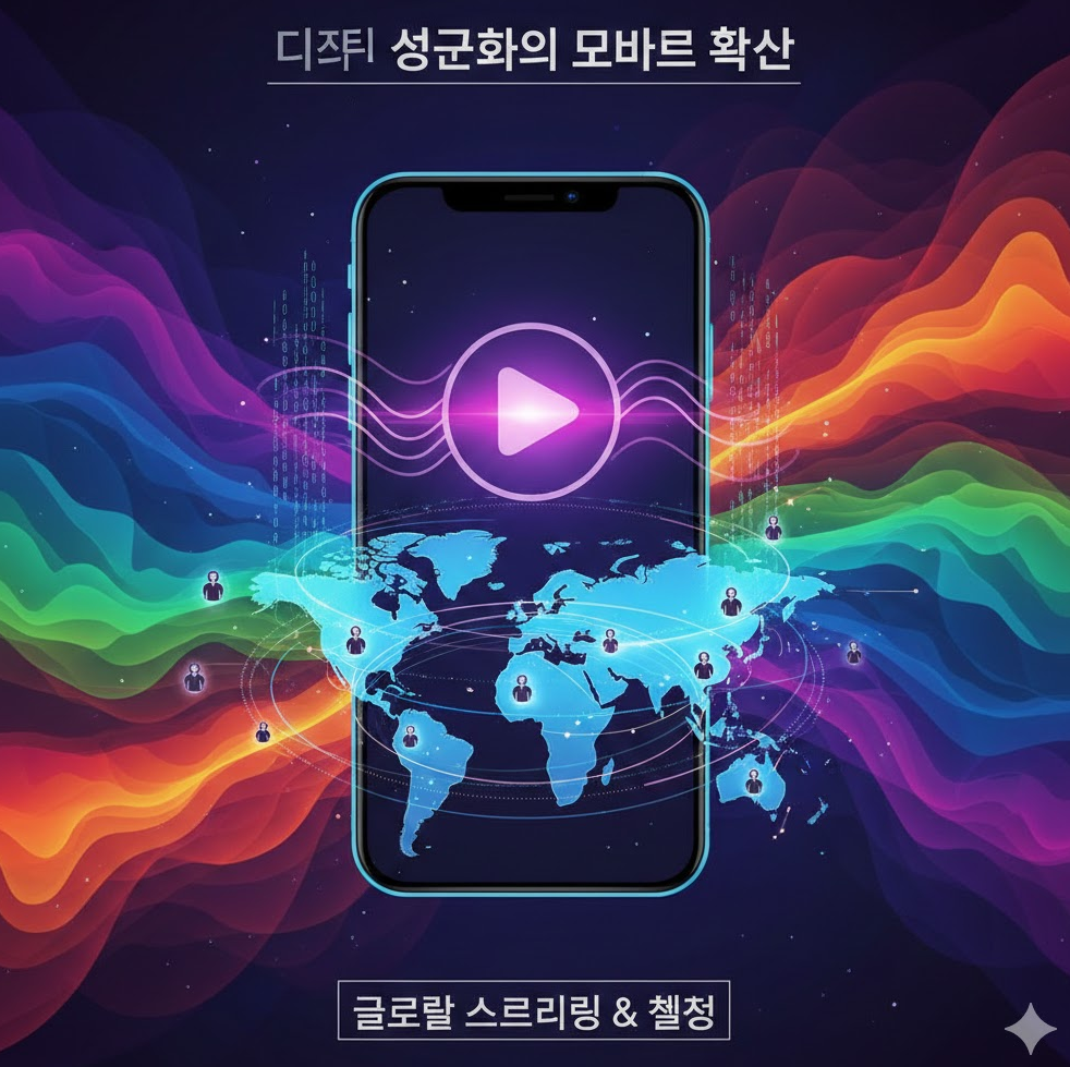 디지털 성문화의 모바일 확산을 보여주는 그래픽. 스마트폰 화면에 스트리밍 아이콘과 글로벌 사용자 지도가 포함된 이미지로, 역동적인 색상으로 변화감을 강조.