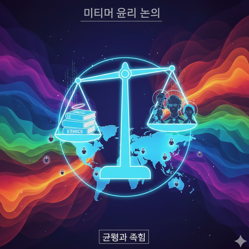 미디어 윤리 논의를 상징하는 그래픽. 균형 저울 아이콘과 윤리 책 아이콘, 글로벌 사람들 실루엣 포함.