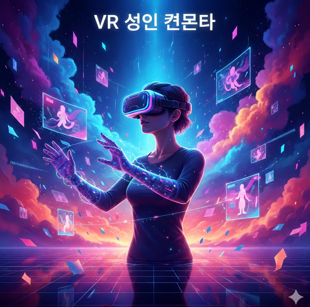 VR 성인콘텐츠 컨셉 아트. 가상 현실 헤드셋 착용 인물과 3D 공간 그래픽이 포함된 이미지로, 환상적인 색상으로 몰입감을 강조. VR 성인콘텐츠 컨셉 아트. 가상 현실 헤드셋 착용 인물과 3D 공간 그래픽이 포함된 이미지로, 환상적인 색상으로 몰입감을 강조.