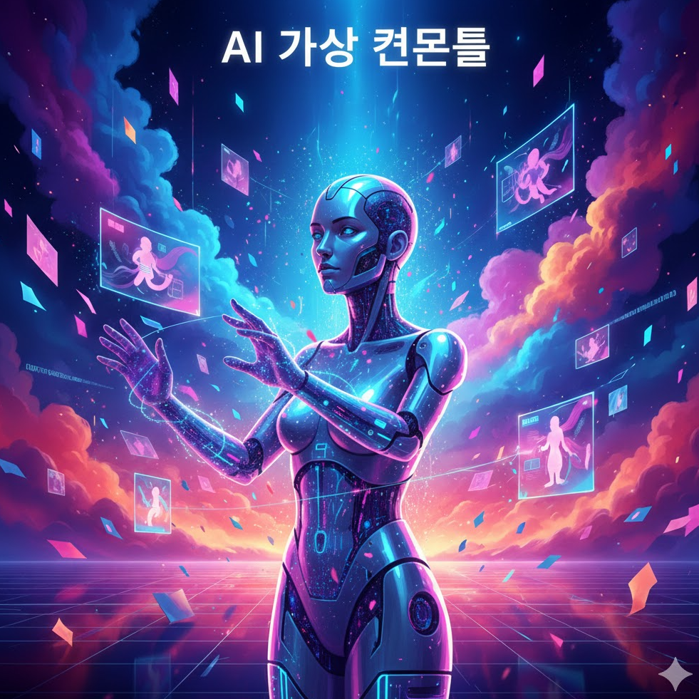 AI 가상모델 컨셉 아트. 로봇 인간 형태와 디지털 인터페이스 그래픽이 포함된 이미지 AI 가상모델 컨셉 아트. 로봇 인간 형태와 디지털 인터페이스 그래픽이 포함된 이미지