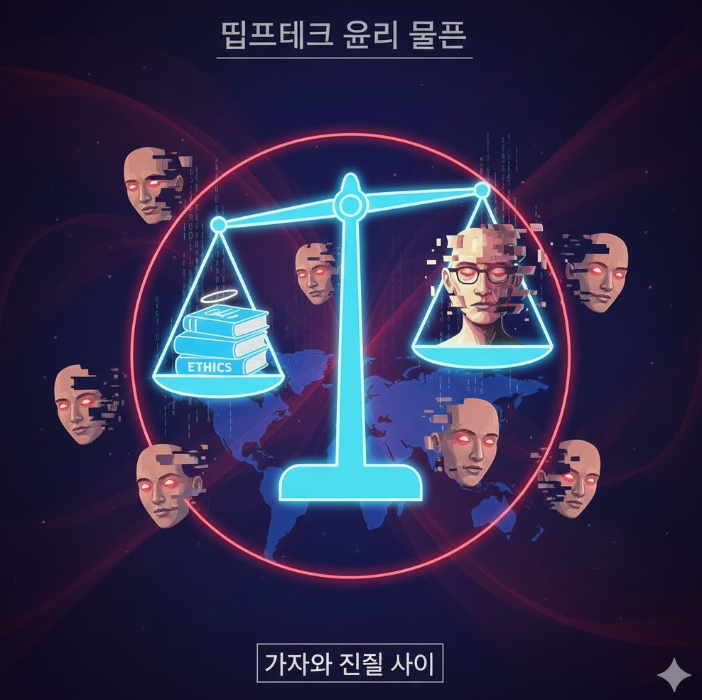 딥페이크 윤리 문제 일러스트. 가짜 얼굴과 윤리 저울 그래픽이 포함된 이미지 딥페이크 윤리 문제 일러스트. 가짜 얼굴과 윤리 저울 그래픽이 포함된 이미지