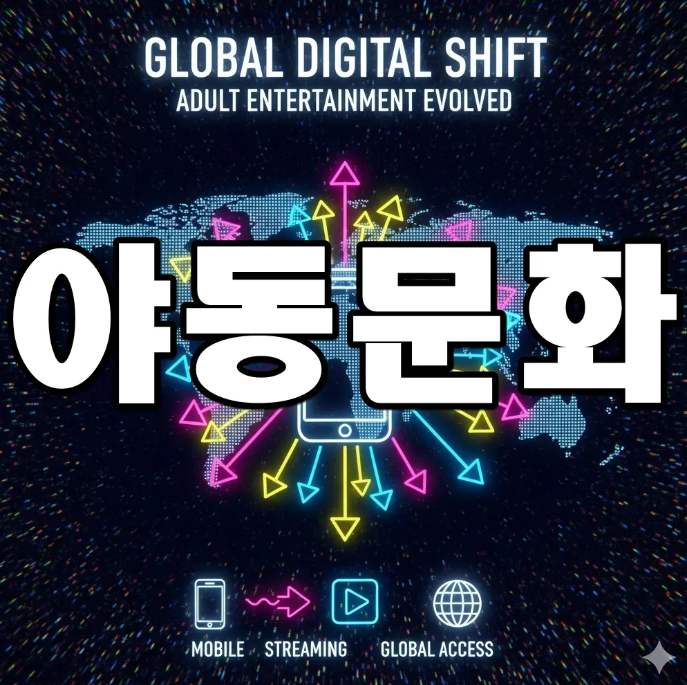 야동문화의 디지털 변화를 상징하는 인포그래픽. 스마트폰 아이콘, 스트리밍 화살표, 글로벌 네트워크 지도가 배치된 이미지