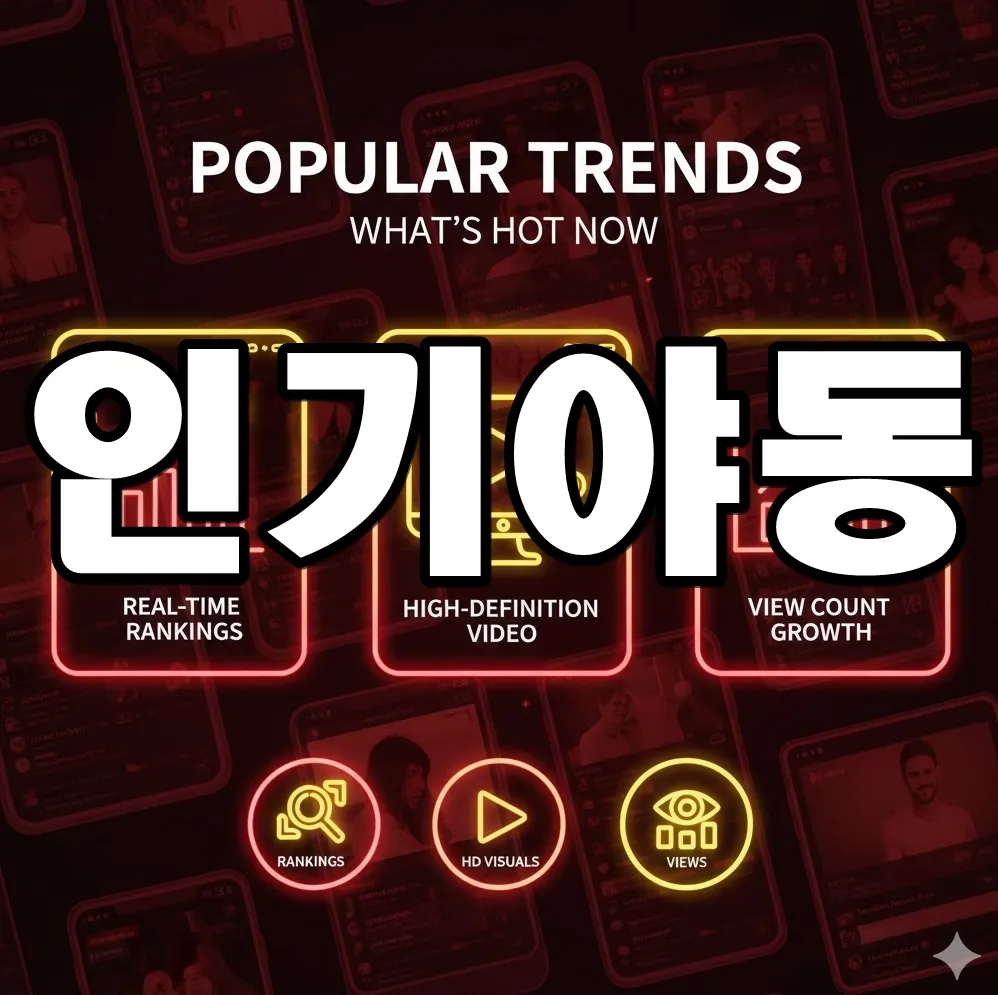 인기야동 트렌드를 상징하는 인포그래픽. 실시간 검색어 차트, 고화질 영상 아이콘, 조회수 그래프가 배치된 이미지