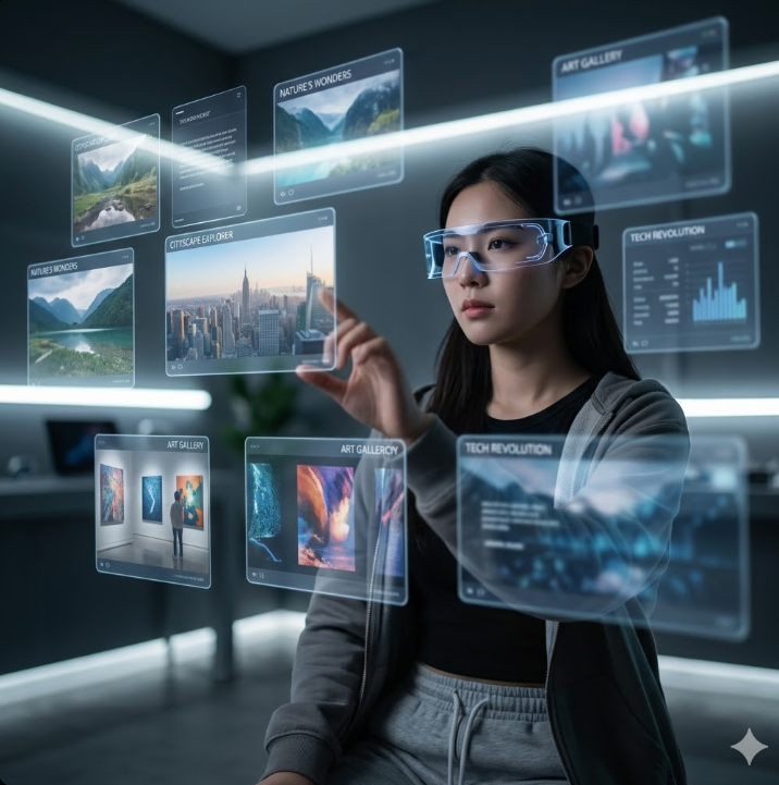 미래형 VR 고글을 착용한 사용자가 허공에 떠 있는 반투명한 고화질 영상 프레임들을 손동작으로 자유롭게 넘기며, 자신만의 가상 콘텐츠 라이브러리를 탐색하는 몽환적이고 테크니컬한 연출의 콘셉트 사진
