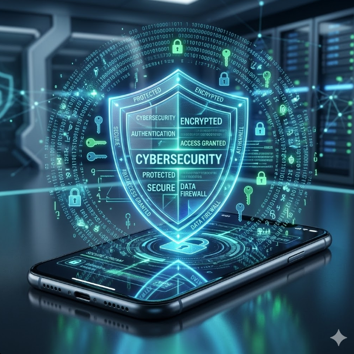 스마트폰 화면 위로 투명한 방패 모양의 보안 레이어가 씌워져 있고, 그 주변을 디지털 코드와 열쇠 아이콘들이 보호하듯 감싸고 있는 사이버 보안 테마의 세련된 3D 이미지