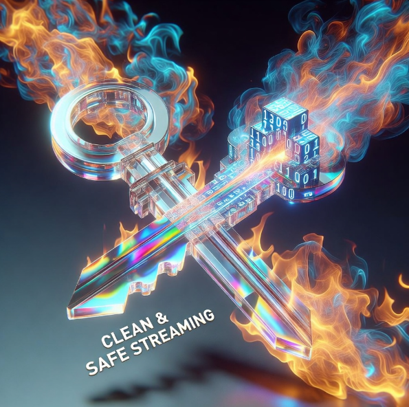 투명한 크리스탈 재질의 보안 열쇠가 화려한 불꽃을 내뿜으며 디지털 데이터 뭉치들을 정화하고 있으며, 그 아래로 'CLEAN & SAFE STREAMING'이라는 문구가 선명하게 각인된 고퀄리티 3D 아트