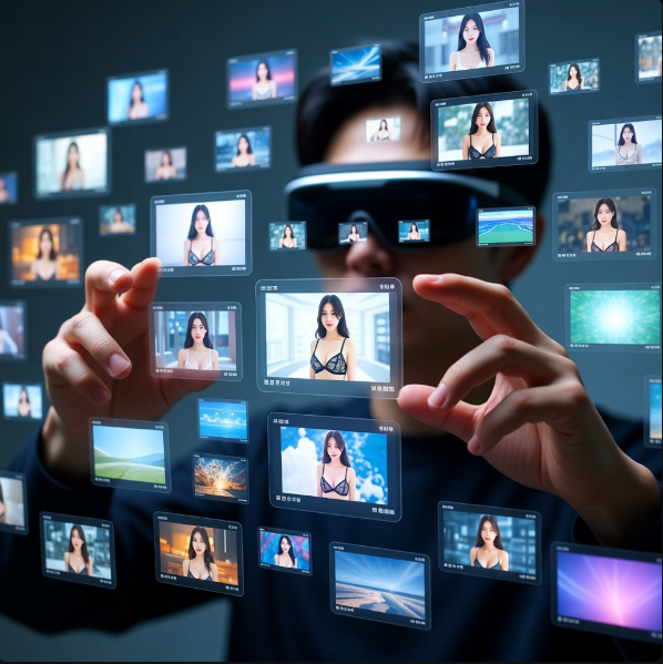 미래형 스마트 안경을 쓰고 공중에 띄워진 수십 개의 반투명한 고화질 영상 프레임들을 손 제스처로 자유롭게 넘기며, 마치 오케스트라 지휘자처럼 자신만의 미디어 라이브러리를 통제하고 있는 사용자의 모습