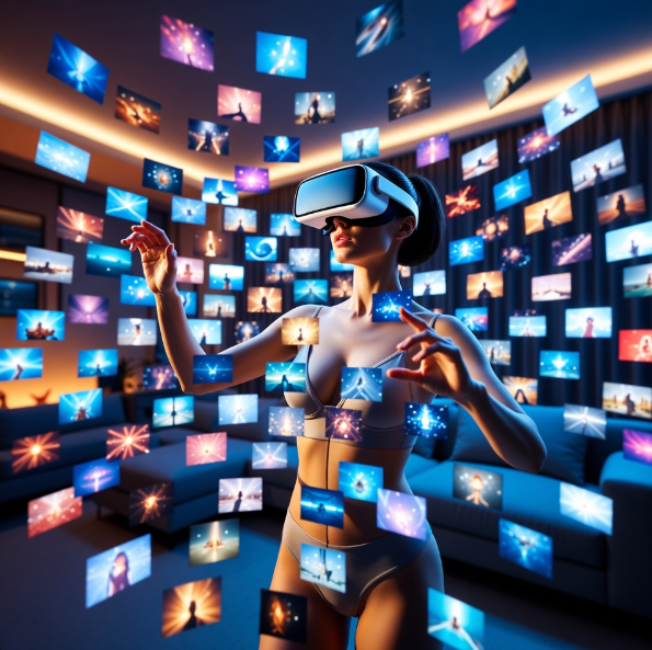 미래형 거실에서 사용자가 최신형 가상 현실(VR) 글래스를 착용한 채 허공에 펼쳐진 수백 개의 4K 영상 타일들을 손동작 제스처로 자유롭게 넘기며 자신만의 인생작을 큐레이션하는 테크니컬하고 감각적인 콘셉트 사진 미래형 거실에서 사용자가 최신형 가상 현실(VR) 글래스를 착용한 채 허공에 펼쳐진 수백 개의 4K 영상 타일들을 손동작 제스처로 자유롭게 넘기며 자신만의 인생작을 큐레이션하는 테크니컬하고 감각적인 콘셉트 사진