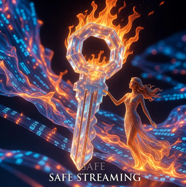 투명한 크리스탈 재질의 보안 열쇠가 화려한 불꽃을 내뿜으며 디지털 데이터 뭉치들을 정화하고 있으며 그 아래로 SAFE STREAMING이라는 문구가 선명하게 각인된 고퀄리티 3D 보안 아트워크 투명한 크리스탈 재질의 보안 열쇠가 화려한 불꽃을 내뿜으며 디지털 데이터 뭉치들을 정화하고 있으며 그 아래로 SAFE STREAMING이라는 문구가 선명하게 각인된 고퀄리티 3D 보안 아트워크