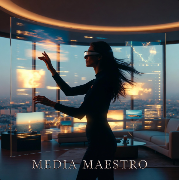 미래형 펜트하우스 거실에서 한 유저가 스마트 글래스를 착용한 채 허공에 떠 있는 거대한 투명 스크린 속 고화질 영상들을 우아한 손짓으로 컨트롤하며 오케스트라 지휘자처럼 자신만의 미디어 라이브러리를 통제하는 모습) 미래형 펜트하우스 거실에서 한 유저가 스마트 글래스를 착용한 채 허공에 떠 있는 거대한 투명 스크린 속 고화질 영상들을 우아한 손짓으로 컨트롤하며 오케스트라 지휘자처럼 자신만의 미디어 라이브러리를 통제하는 모습)