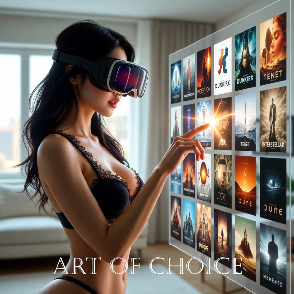 밝고 현대적인 분위기의 거실에서 한 여성이 VR 글래스를 쓰고 허공의 가상 투명 스크린을 손가락으로 드래그하며 수많은 영상 포스터들 중 자신의 취향에 맞는 최고의 명작을 탐색하는 감각적인 연출 사진 밝고 현대적인 분위기의 거실에서 한 여성이 VR 글래스를 쓰고 허공의 가상 투명 스크린을 손가락으로 드래그하며 수많은 영상 포스터들 중 자신의 취향에 맞는 최고의 명작을 탐색하는 감각적인 연출 사진